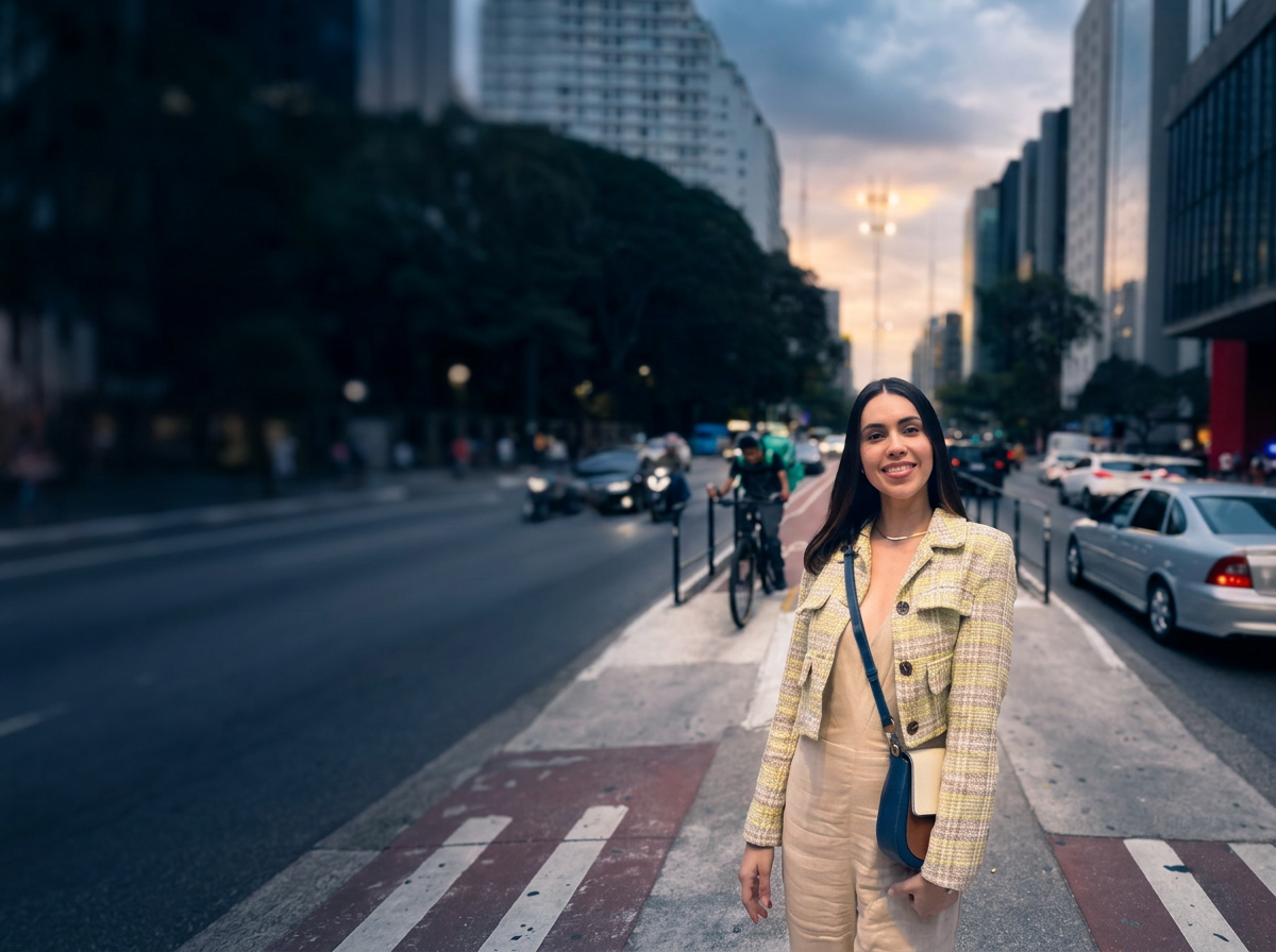 Jeciane Victório, fundadora do LUME, na Avenida Paulista ao entardecer
